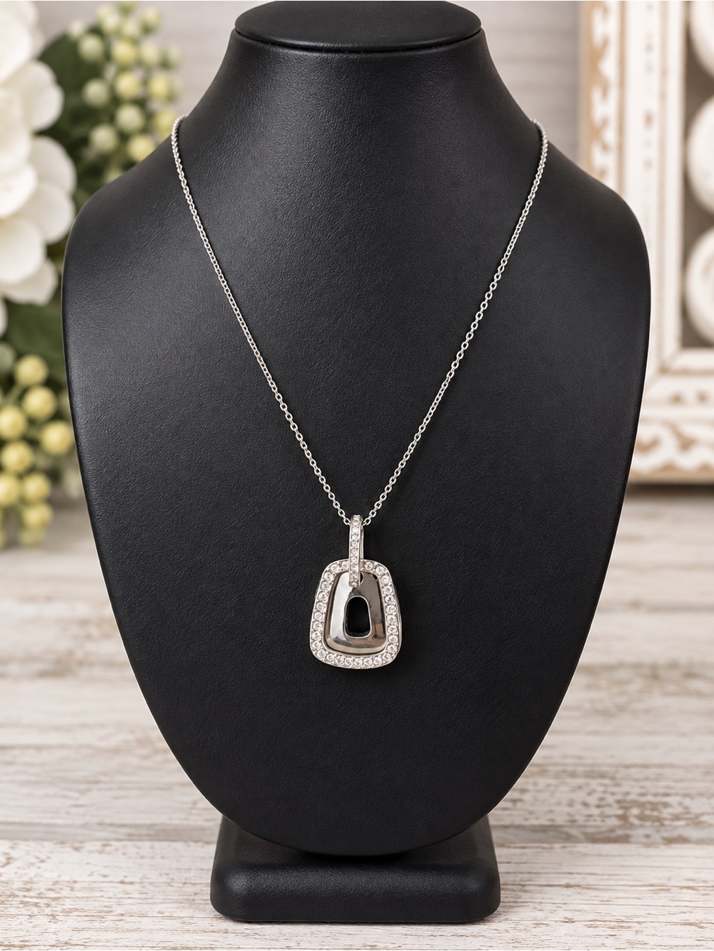 Nadri Silver Tone CZ Double Pendant Necklace 17”